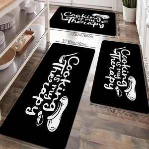''Cooking Is My Therapy" Kitchen Rug Set, Black & White Chef Themed Non-Slip Washable Floor Mats, Funny Quote Runner Rugs for Kitchen, Dining Room & Home Decor