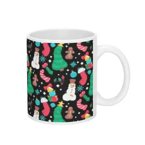 Cute Christmas Pattern Mug, Holiday Icons Coffee Cup, Festive Winter Drinkware, Stockings Gingerbread Tree Design, Cozy Xmas Gift for Men Women, Trendy Holiday Mug