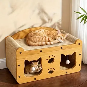 Upgraded Large 2 In 1 Cat Scratcher Bed, Double Door Cat Head Style Cat Tree with Scratching Posts & Hanging Toys, Space Saving Easy Assembly Interactive Play House for Kittens Adult Cats All Season