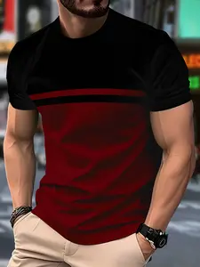 Men's Round Neck Short-Sleeved T-Shirt, Casual Stretchy Polyester Knitted Fabric, Regular Fit Striped Design