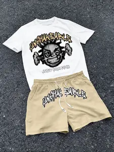Men's Summer Cool Graffiti Short Sleeve Set, Streetwear, Comfortable Straight Leg Shorts, Breathable Fabric, Lightweight, Fits Various Body Types