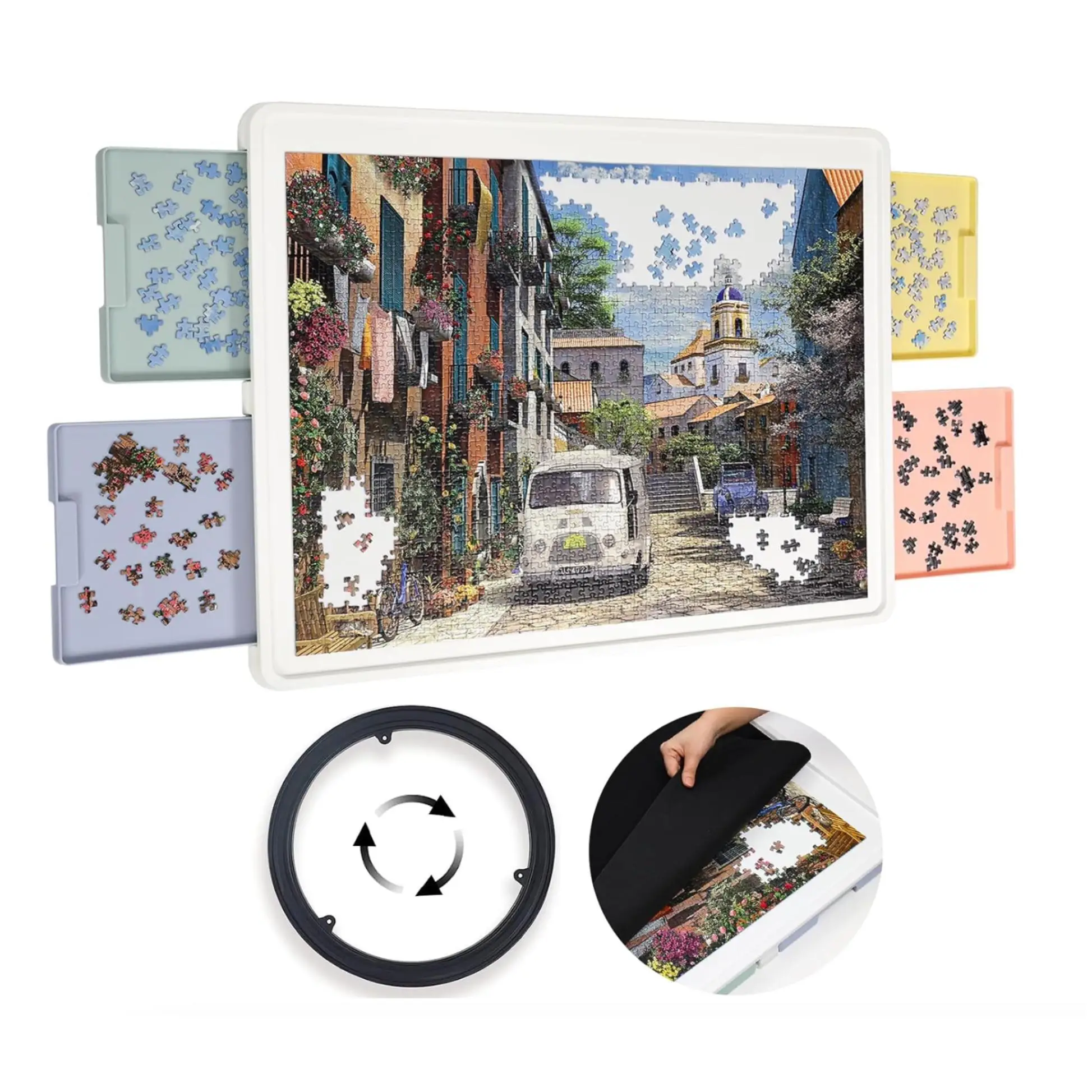 Playboda 1000-1500 Pieces Rotating Plastic Puzzle Board with Drawers and Cover, Portable Jigsaw Puzzle Table for Adults, Lazy Susan Spinning Puzzle Bo