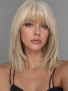 14 Inch Straight Bob Wig with Bangs, Fashion Mixed Synthetic Fiber, Natural Comfortable Fit, Easy Maintenance, All Seasons, Synthetic Material Wigs