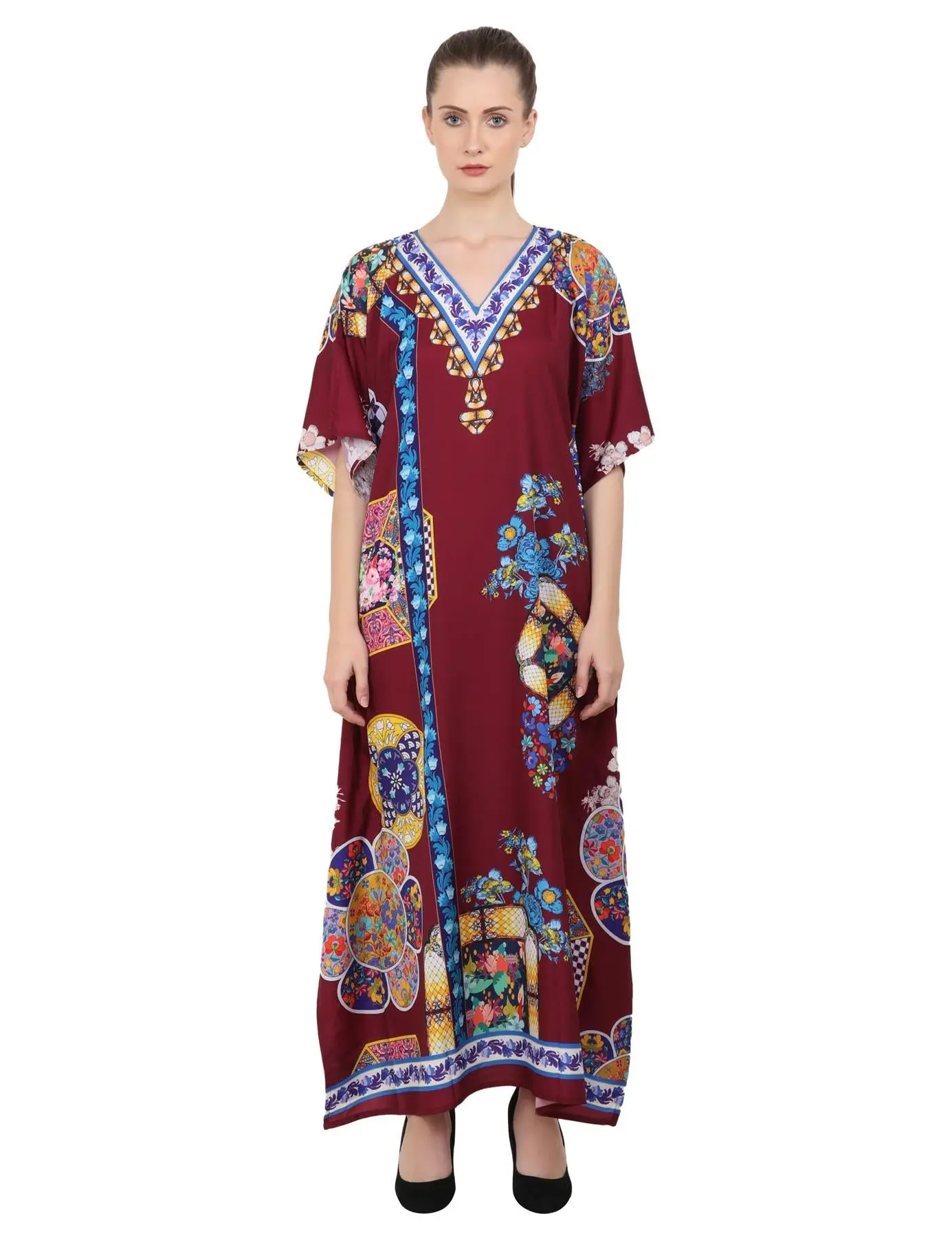 Miss Lavish London Women's Kaftan Plus Size Loungewear Long Maxi Style Dress - 145-Maroon