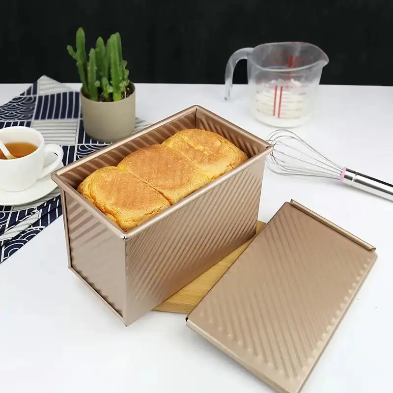 [450g Non-Stick Loaf Pan with Lid] 1 Counts Premium 450g Carbon Steel Loaf Pan with Lid Bakeware Baking Supplies - Non-Stick, Ridges Design for Perfectly Crusted Bread, Ideal for Thanksgiving Toast and Cake Baking, Rectangular Shape, Silicone Loaf Molds
