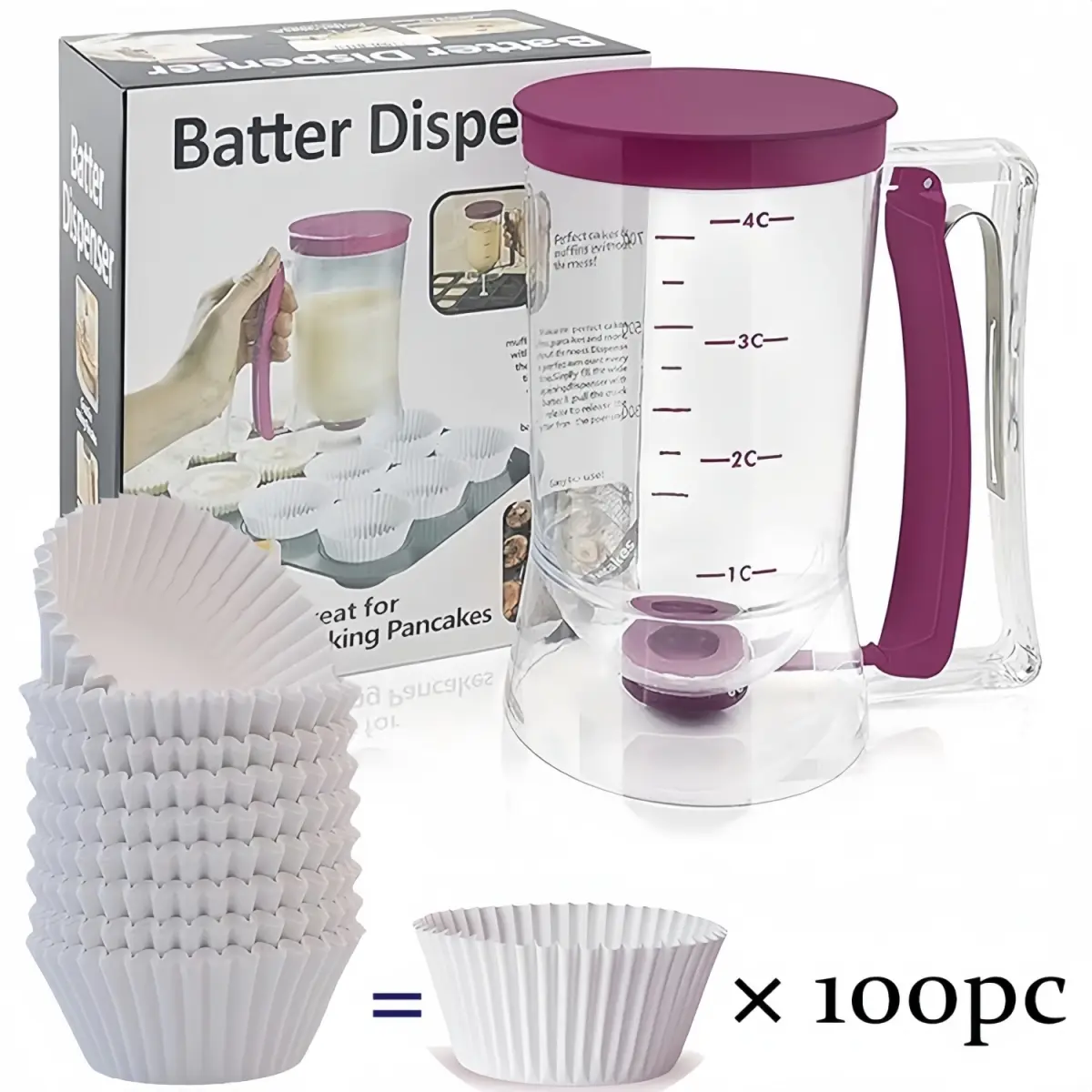 Pancake & Batter Dispenser with Graduated Measuring Markers - Kitchen Utensil for Baking Beginners, Bakeware Accessory, Includes 100 Cupcake Liners