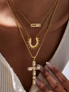 Women's Gold Necklace Modern Classic Neckpiece Stainless Steel 18k Gold-Plated Rectangular Sunflower Pendant with White Zirconium Cross, Hammer-Patterned Stick Chain, Blade Chain Jewelry a Must-Have Necklace for Autumn Outfit Cross Design Pendant