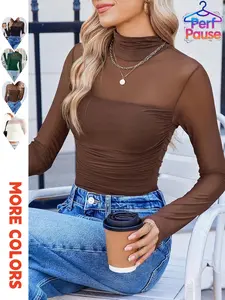 New Solid Color Round Neck Mesh Patchwork Transparent Long Sleeve Half High Neck Sexy T-Shirt, Stylish Women's Top for Casual Wear