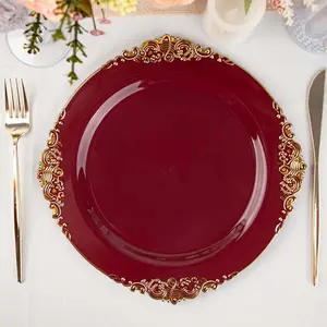 10-Pack Plastic Round Dinner Plates 10" Burgundy with Gold Leaf Embossed Rim - Vintage Baroque Style Disposable Plates