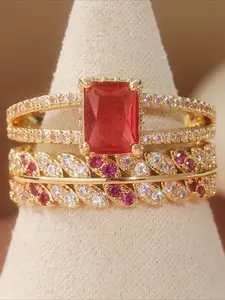 2 sets of large vintage engagement rings, with synthetic ruby red and transparent surface, set with synthetic zircon, a gift choice for girls