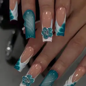 24pcs Square Long Nails, Nude Base + Lake Blue Gradient, French Edge, 3D Wave Pattern, Flower Rhinestones, Reusable, Diy Nail Art, Beginner Friendly