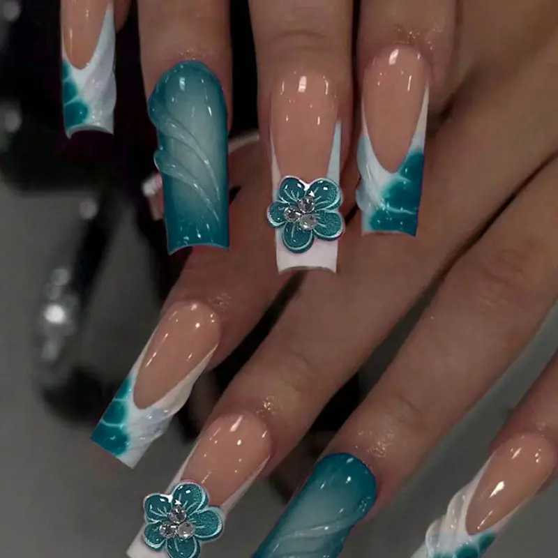 24pcs Square Long Nails, Nude Base + Lake Blue Gradient, French Edge, 3D Wave Pattern, Flower Rhinestones, Reusable, Diy Nail Art, Beginner Friendly, Diy Fake Nails