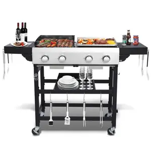 Propane Gas Grill and Griddle Combo with 40,000 BTUs, 4-Burner Stainless Steel Griddle & Cast Iron Grill Combo for Outdoor Cooking While Camping or Tailgating