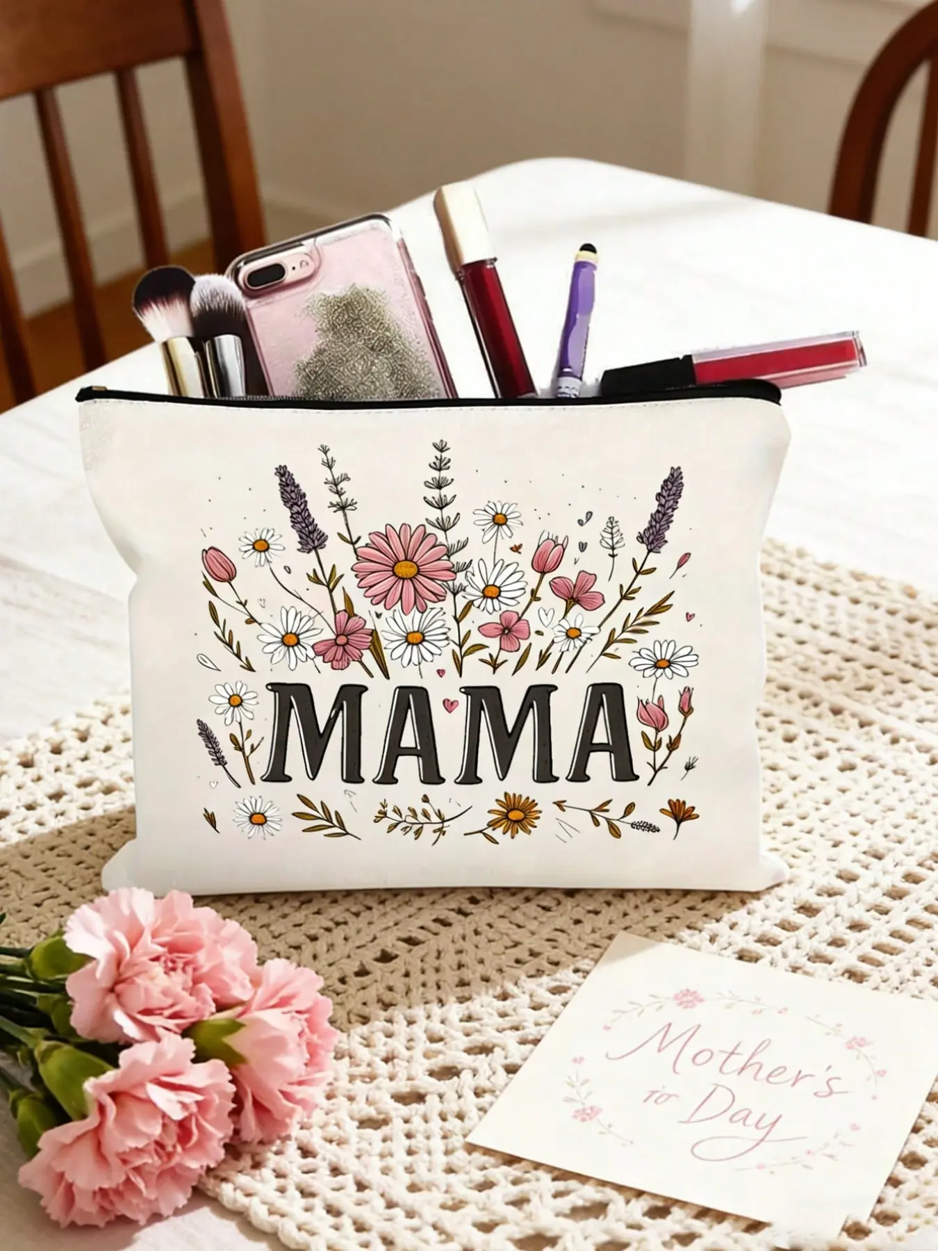 Wildflower Canvas Makeup Bag, Floral Pattern Cosmetic Pouch, Cute Zipper Bag for Mom, Mother's Day Gift, Travel Toiletry Kit