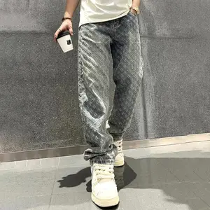 2025 Jacquard Printed High Street Brand ins Design Sense Jeans Loose Straight Washed Wide Leg Long Pants Fashion Menswear Blue Streetwear