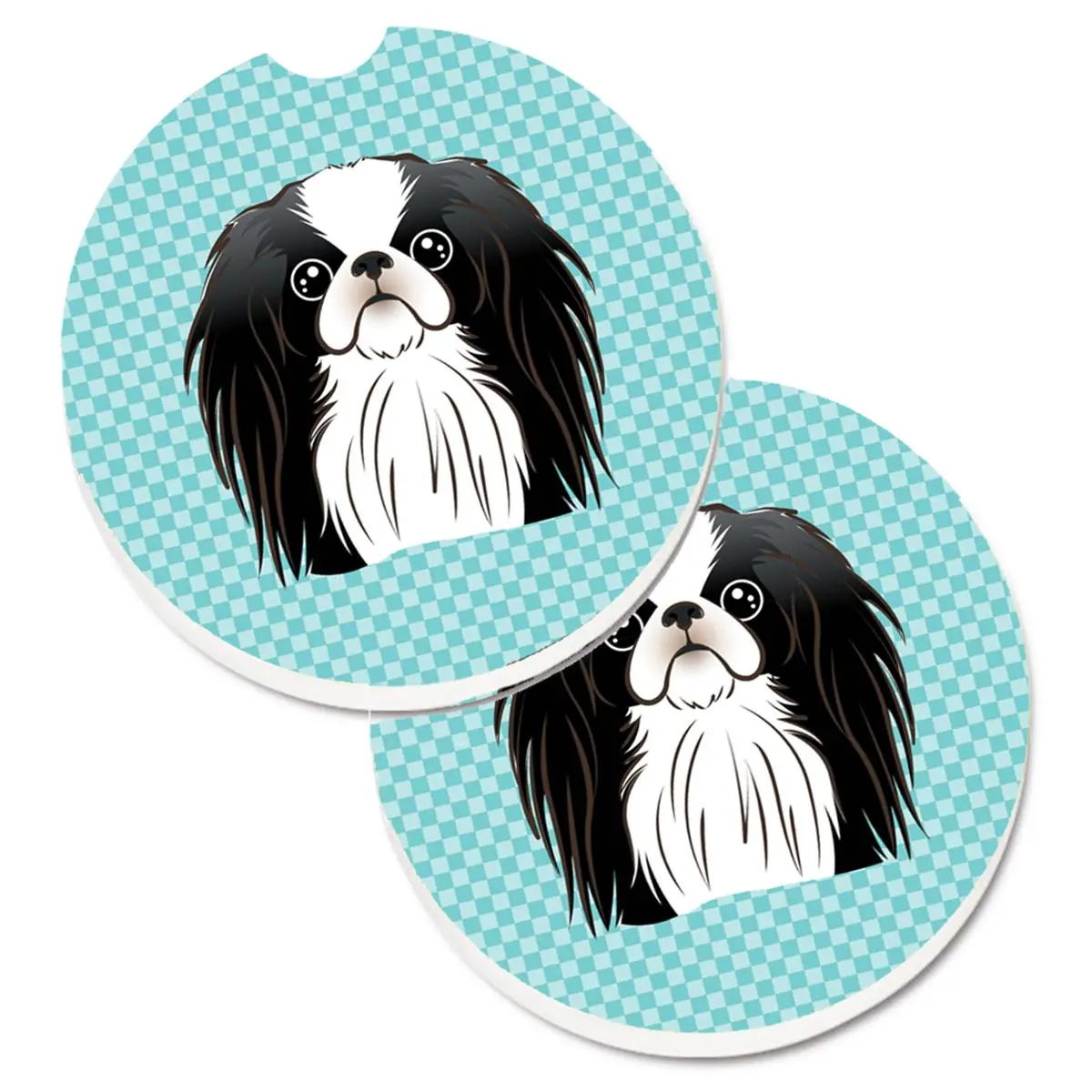 Checkerboard Blue Japanese Chin Car Coaster Set of 2, Sandstone, Checkered Colorful Absorbent Sandstone, Cut Out for Easy Removal, Keeps Water From Mess, Automotive Interior Decoration Accessory