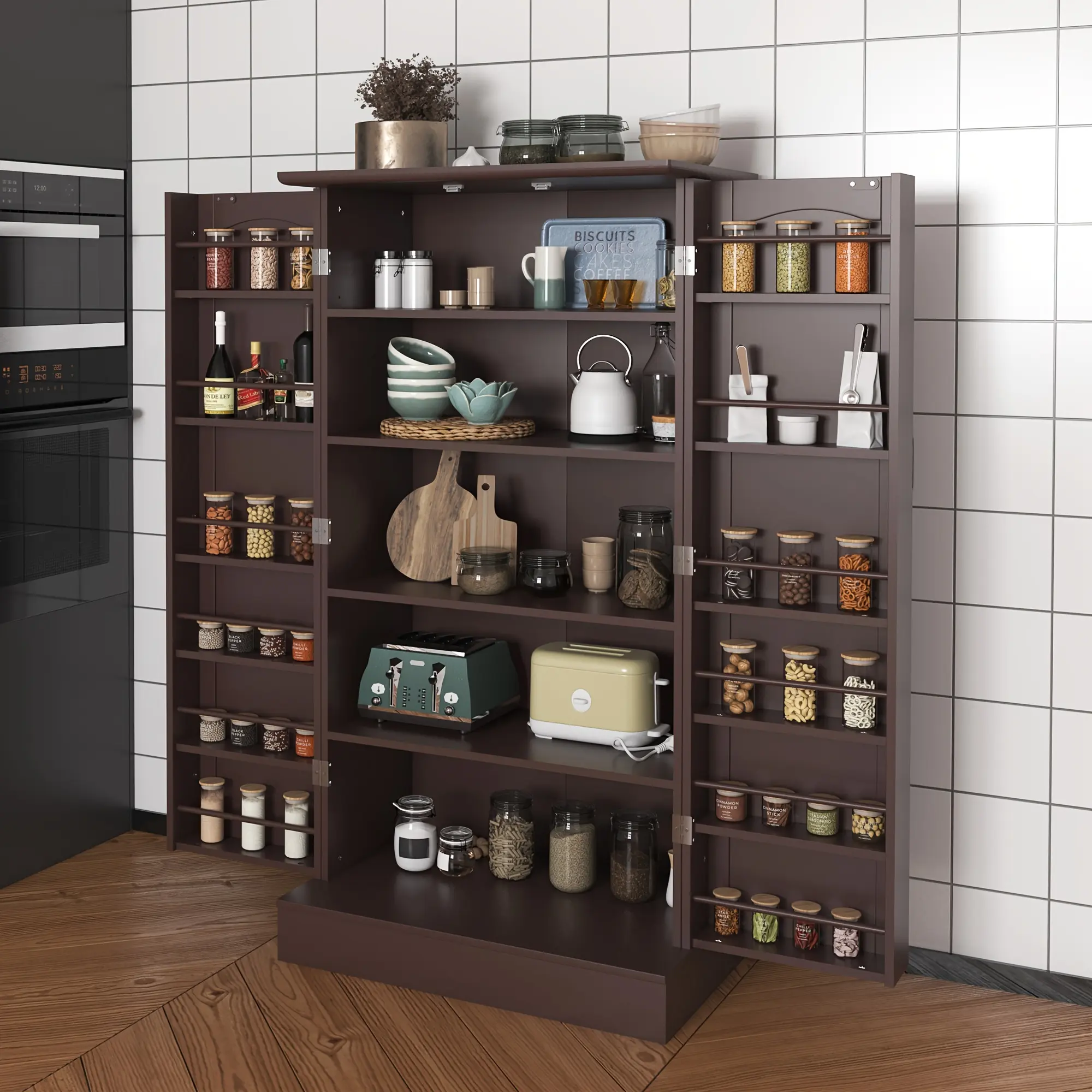 47.24-Inch (60x40x120cm) Modern Freestanding Sideboard Buffet Cabinet, Fiberboard Cupboard with Adjustable Shelves & Doors, Sturdy Laminated MDF, Solid Finish, Requires Setup, English Manual for Living Room, Brown Modern Storage Cabinet