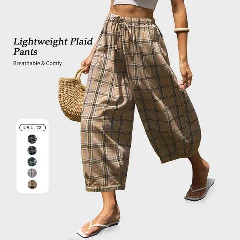 【SS26 Collection】TARSE Women Cotton Linen Blend Wide Leg Pants Plaid Loose Harem Pants Palazzo Casual Boho Summer Capri with Pockets  Breathable