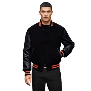 Men’s Varsity Jacket Genuine Leather Sleeve and Wool Body All Black(Orange Line)