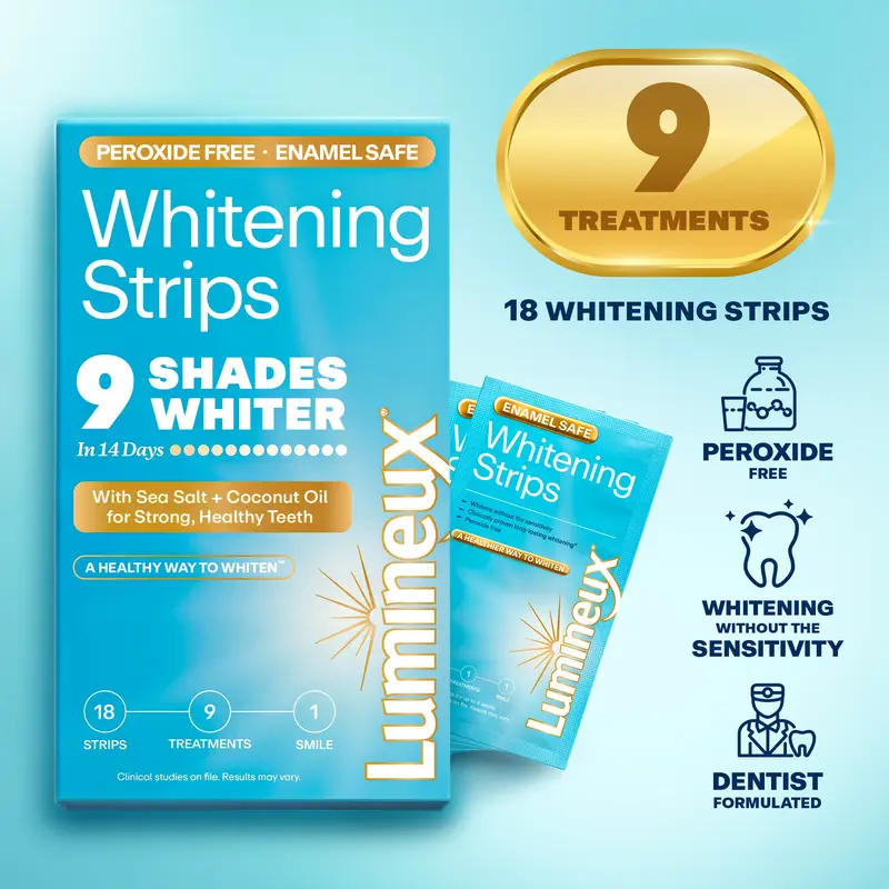 Lumineux Teeth Whitening Strips | 9 TREATMENTS | 18 STRIPS | Peroxide Free, Enamel Safe, Teeth Whitening for Sensitive Teeth | Sea Salt & Coconut Oil for Strong Healthy Teeth & Oral Care