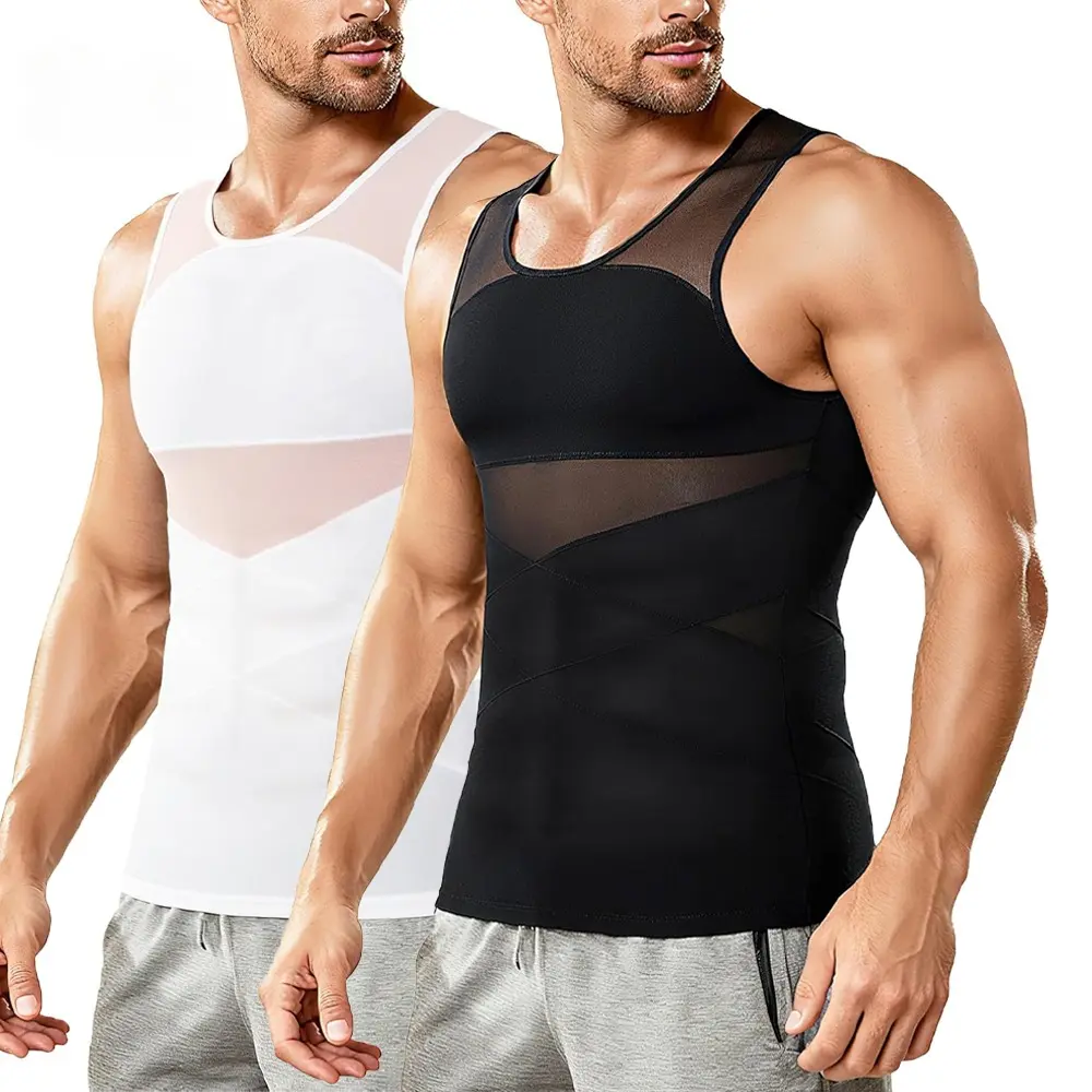 Men's Body Shaping Vest Compression Shirt, Sleeveless Soft Mesh Shapewear for Tummy Control, Gynecomastia and Figure Support, High-Waisted