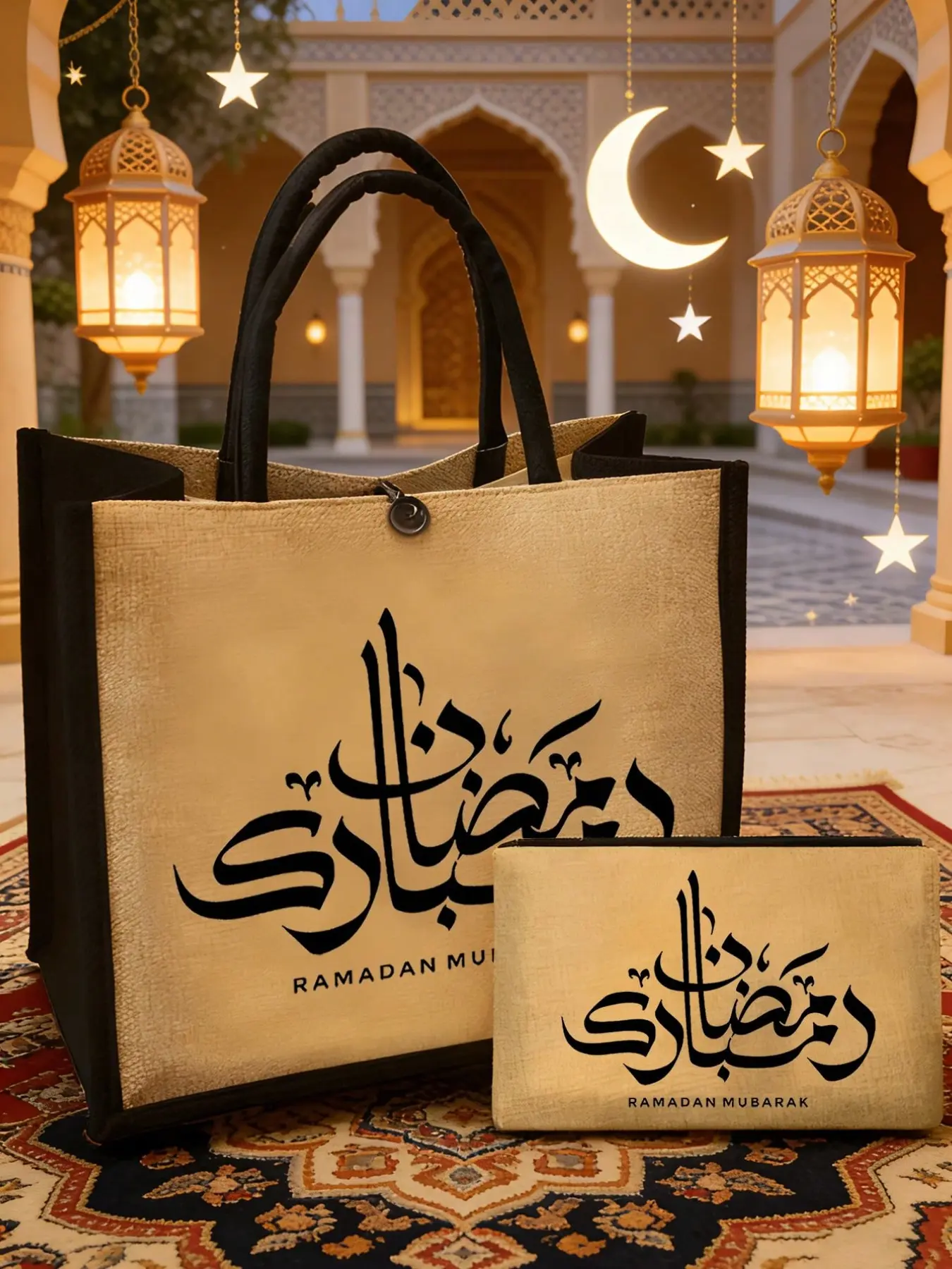 Large-capacity tote bag with zippered storage pocket, printed with 'Happy Eid' and Arabic blessings, spacious travel tote, color-block design, stylish Islamic-style handbag, portable shopping bag