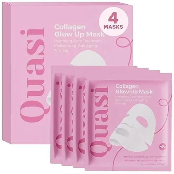 Quasi Collagen Glow Up Mask 2.0, Quasi BioCollagen Face Mask, Firm Skin Deep HydratingMasks for Wrinkle Reduction and PoreMinimization - Glow like Glass Skin (1 Box × 4Pcs)