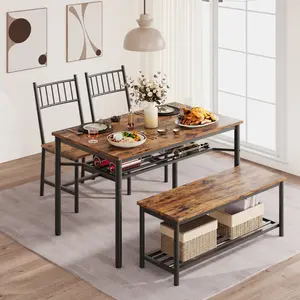 Space-Saving Dining Table Set for 4, Modern Rectangular Kitchen Dining Set with Chairs & Storage Bench, Built-in Wine Rack and Sturdy Metal Frame, Ideal for Small Spaces & Apartments, Modern Grey / Classic Brown