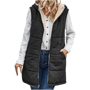 Women Long Puffer Vest Fall Sleeveless Fleece Jackets Hooded Zip Up Sherpa Vests Warm Winter Coats Outerwear