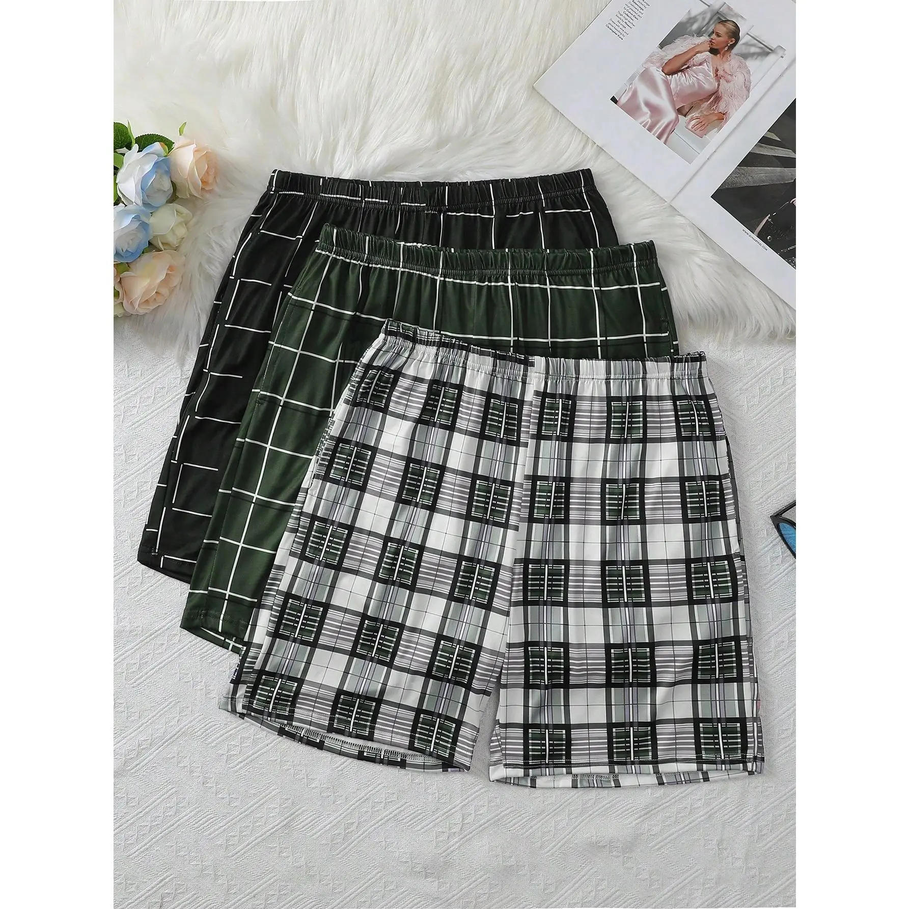Men's 3-Pack Pajama Shorts, Soft Casual Plaid & Striped Lounge Bottoms, Breathable Relaxed Fit with Elastic Drawstring, Prints, Loungewear, Pajamas, Plaid Stripes, Short Pants, Gym, Multi-Pattern Pack, Set, Pajama Set
