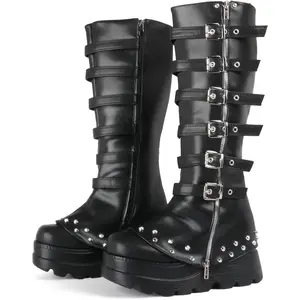 Women's Chunky Heel Goth Rubber Platform Knee-High Boots, Punk Strappy Buckle Zip-Up Combat Footwear, Stylish Shoes for Party Spring Glow Up