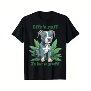 Cotton Short Sleeve T-Shirt Life's Ruff Take A Puff Pitbull Weed T-Shirt, Black, 100% Cotton, Gift for Men Dad Friends, S-XXXL Streetwear Casual Graphic tees