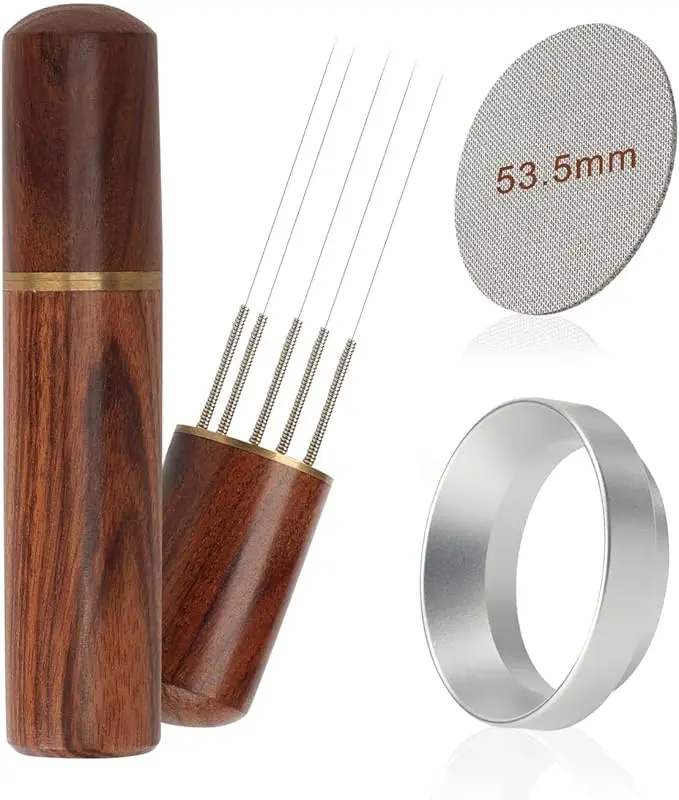 53.5mm WDT Tool & Portafilter Dosing Funnel Set with 316 Stainless Steel 53.5mm Puck Screen, Espresso Stirrer, Espresso Accessories, Coffee Brewing Accessories, Home Coffee Tool for Baristas