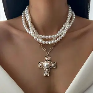 1 Fashionable and Exquisite Thick Cross Pendant, Stackable Design Beaded Necklace, Classic Jewelry Women's Daily Wear Gift