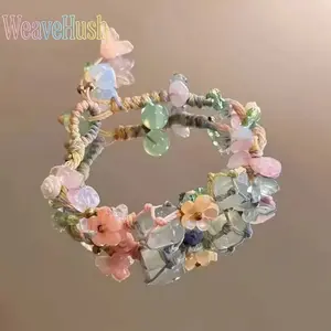 Handmade bohemian floral rope bracelet with crystals and natural stone beads. Soft, vibrant colors, lightweight and adjustable for everyday style — a lovely creative birthday gift..