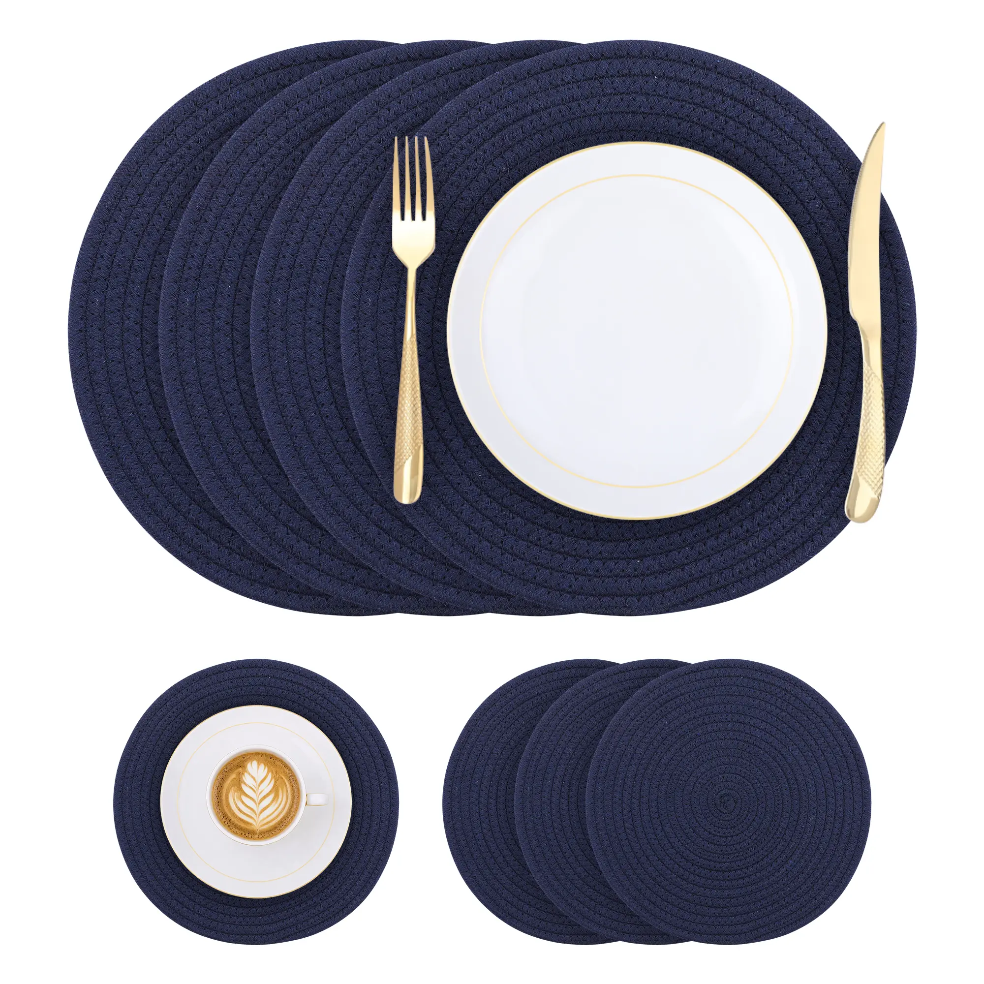 REGALWOVEN Farmhouse Placemats Set of 4 Cotton Rope Round Placemats for Dining Table Decor Indoor Outdoor Kitchen Table Mat Wipe Clean 12*12in