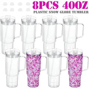 8 PACK 40 oz Plastic Snowglobe Tumblers Pre Drilled with Handle Double Wall Acrylic BPA Free Tumblers Snow Globe Cup with Silicone Stopper for DIY Crafts Gifts Drinkware Bottles Water Bottles