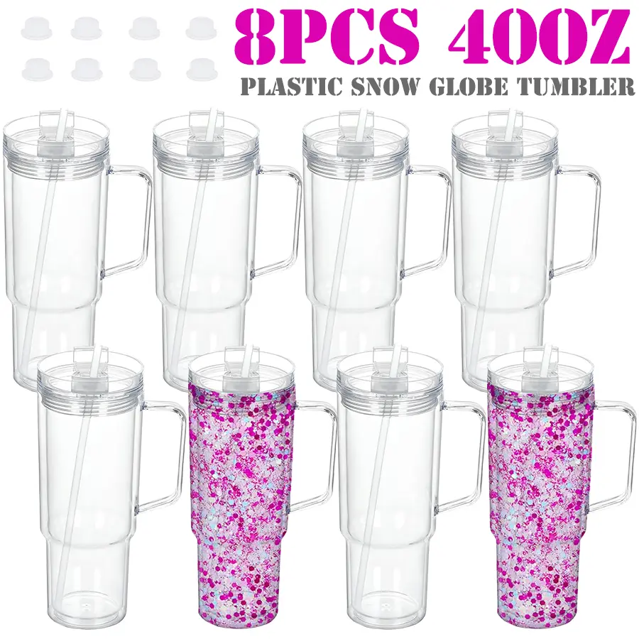 8 PACK 40 oz Plastic Snowglobe Tumblers Pre Drilled with Handle Double Wall Acrylic BPA Free Tumblers Snow Globe Cup with Silicone Stopper for DIY Crafts Gifts Drinkware Bottles Water Bottles