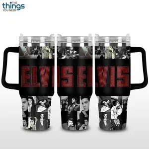 Elvis Presley Tribute Tumbler 40oz & 20oz, Insulated Stainless Steel Travel Mug with Handle & Lid, Double Wall Vacuum Cup, King of Rock and Roll Collage Aesthetic Gift for Elvis Fans, Water Bottle, Daily Use