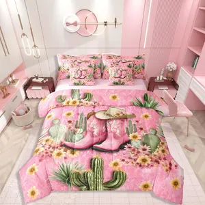 Pink Western Bedding Set,7Pcs Cowgirl Boots Comforter Set for Kids Girls Teens | Cowboy Hat Tropical Cactus Bed Quilt Set,Cowgirl Western Yellow Pink Floral Bed in A Bag