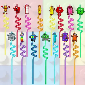 18-Pack Cartoon Building Block Spiral Straws, Reusable, Perfect for Christmas, Halloween, Easter, Thanksgiving Party Cup Decorations