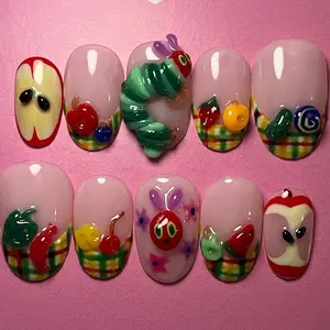 Chic Nail Studio Caterpillar Picnic Press-On Nails, 3D Fruit & Apple Accents, Green Caterpillar Charms, Pink Picnic Base, Custom Press-On Nail, Fun Whimsical Style, Summer Cute Vibes, Gifts for Her