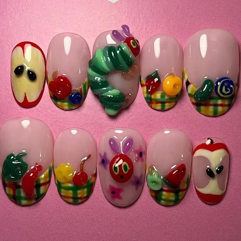 Chic Nail Studio Caterpillar Picnic Press-On Nails, 3D Fruit & Apple Accents, Green Caterpillar Charms, Pink Picnic Base, Custom Press-On Nail, Fun Whimsical Style, Summer Cute Vibes, Gifts for Her