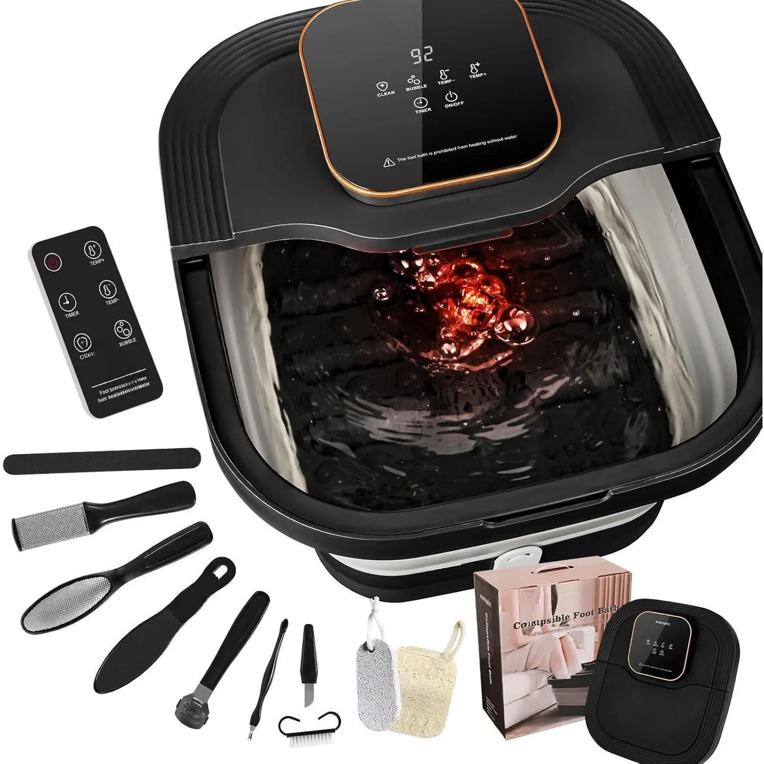 Collapsible Foot  Bath with Heat and Massage Roller, Bubble, Temperature Control, Remote Control, Foot Pedicure Kit, Pedicure Foot