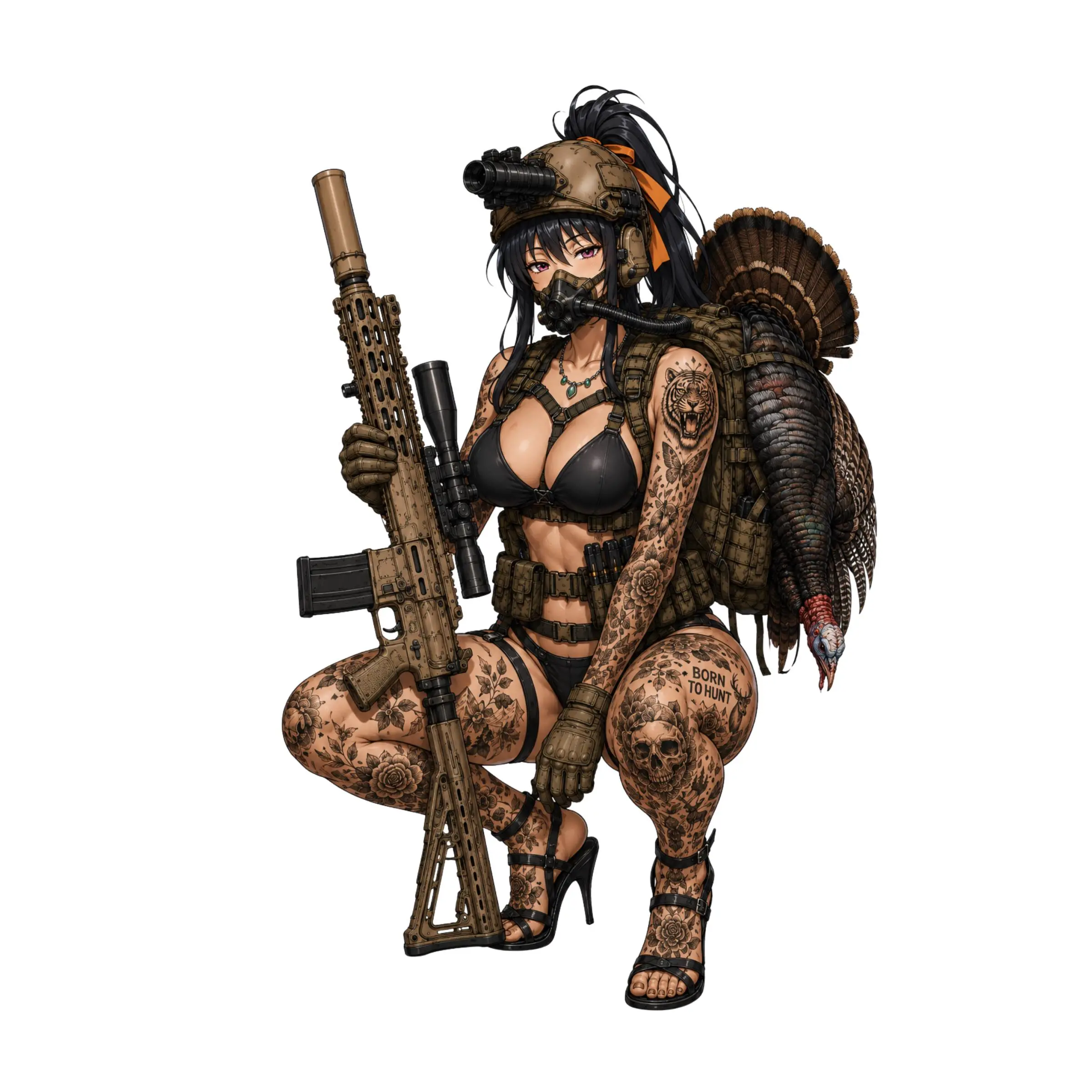 Akeno Anime Turkey Hunting Girl Sticker, Born to Hunt Tactical Huntress With Rifle, Waterproof Vinyl Decal for Cooler Truck Tumbler Outdoor Gift