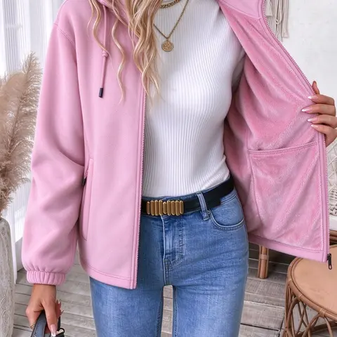Women’s Winter Warm Stand-Collar Fleece Jacket - Jackets Zip Up, Detachable Wind Hood, Full-Zip Sweatshirt-Style Thick Plush Casual Outerwear with Pockets, Ideal for Autumn-Winter Daily Wear & Outdoor Hiking