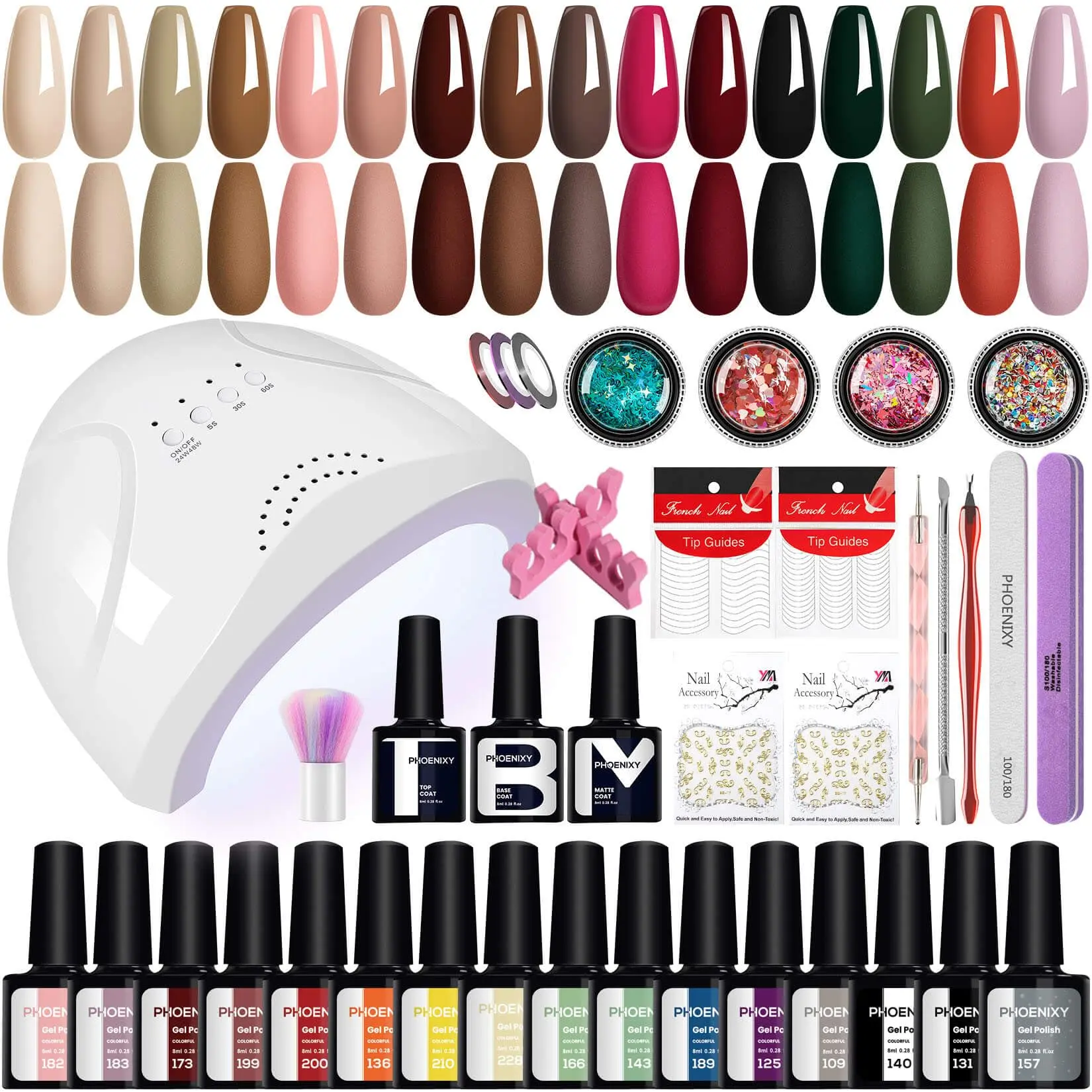 42Pcs Gel Nail Polish Kit with UV Light, 48W LED Lamp, Soak-Off Polishes in Nude, Pink, Brown, Red, Black, Green - Glossy Manicure Gift for Women