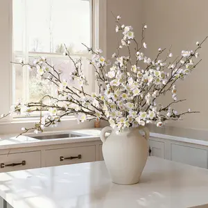6 PCS Artificial Cherry Blossom Branches Spring Indoor Decoration, Faux Flowers 34.45" Long Stems Plum Fake Peach Plants Real Touch Silk for Wedding Home Bedroom Party Table Office, White