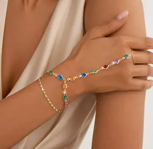 Boho Adjustable Multi-Color Rhinestone Finger Harness Bracelet - Dainty Brass Ring Bracelet with Colorful Crystal Stones, Fashion Costume Jewelry, Gift for Women