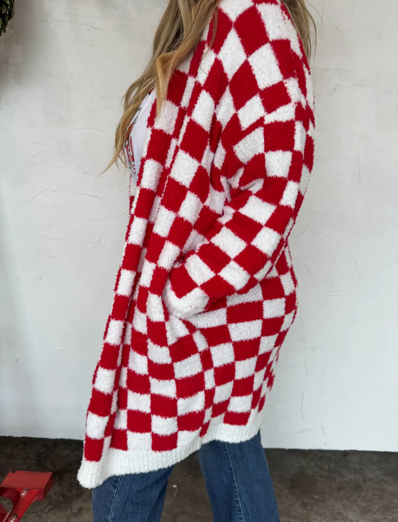 Red and White Cloud Soft Checkered Cardigan - 100% Polyester Knitwear with Side Pockets for Sizes 4-22 - Fabric